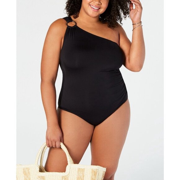 Michael Kors Plus One Shoulder Swim One-Piece Swimsuit 16 Black - Picture 2 of 5